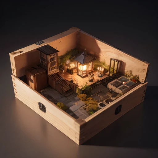 small realistic model, (bifurcation, original photo, best quality, masterpiece:1.4),SteampunkCyberpunk6920 City,(Cyberpunk light:1.3), Mards,horizon (related to land),(in a small nature box:1.3),Isometric, small nature, landscape on foundation,landscape,