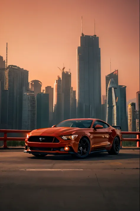 (Best quality, 8k, Masterpiece :1.2), hyper realistic, cyberpunk, at a mountain, an detailed red Mustang GT, skyscrapers in the background, sunset, red sky, cinematic. 