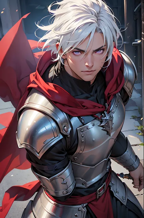 (best quality,ultra-detailed,realistic:1.37),short white hair,purple eyes,medieval man warrior,black armor,red cape,battle stance,d&d character,sharp focus,physically-based rendering,professional,vivid colors,bokeh,portrait