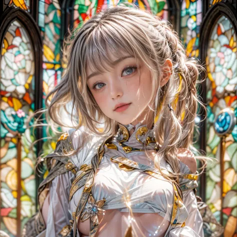 KAWAII girl in ((WHITE)) (loose opened uniform), with Glossy RED lips, (Exposed:0.9), (nipple:-1), { Extremely closeup | Dynamic-angle }, ((Dazzling stained glass Background)), (( colorful Light pours down from stunning elaborate stained glass:1.2)), vivid...