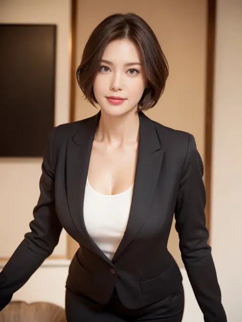 masterpiece,highest quality, (1 milf、42 years old), ((close:0.5)), ((cross arms)), glare, gray blazer, white shirt, double eyeli...