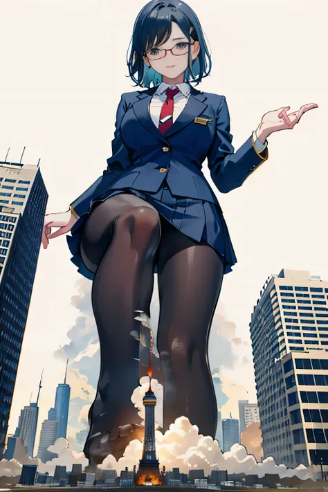 Giantの芸術, 非常に詳細なGiantショット, Giant, short hair, A high school girl who is much bigger than a skyscraper, wearing rimless glasses, big breasts, big ass, navy blue blazer, red tie, mini skirt, black pantyhose, pantyhose barefoot, Steam comes out from the soles...