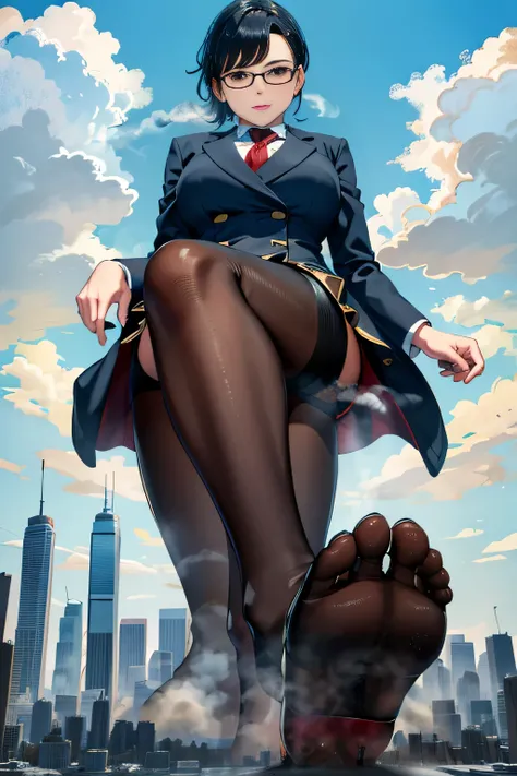 Giantの芸術, 非常に詳細なGiantショット, Giant, short hair, A high school girl who is much bigger than a skyscraper, wearing rimless glasses, big breasts, big ass, navy blue blazer, red tie, mini skirt, black pantyhose, pantyhose barefoot, Steam comes out from the soles...