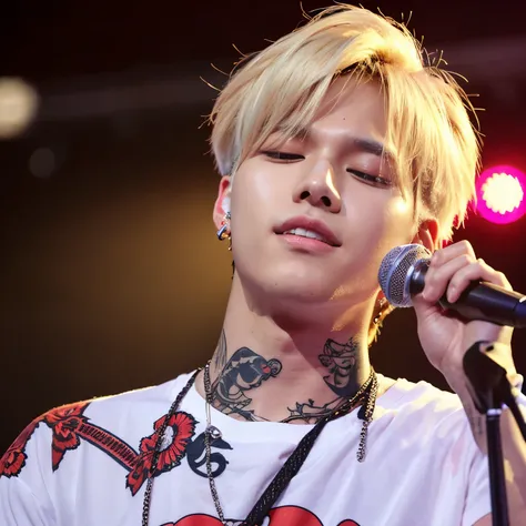 Beautiful boy, handsome, beautiful skin, no beard, tattoo on arm, holding microphone at concert venue, blonde mash hair open forehead, like a kpop, High nose, beautiful eyes, double eyelids, top quality, highly detailed