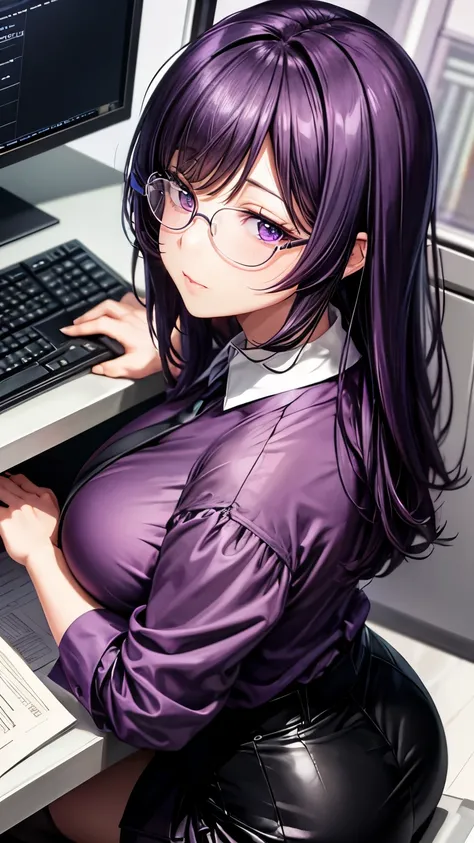 Purple shorthair　Glasses　shiny purple satin blouse　black tight skirt　stockings　(Strap ID Card)　50 years old　レッドルージュPlumpとした唇　round face　Plump　(eye contact)　Office in a high-rise building　sitting at the computer desk and looking back.　sunset　A talented fema...