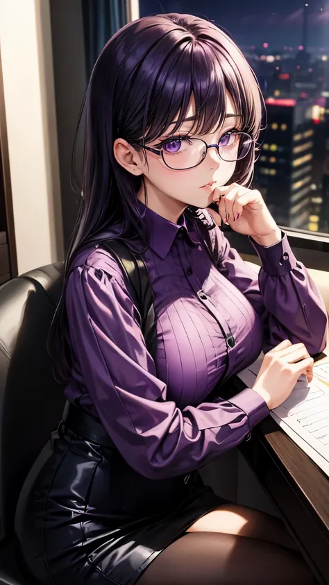 Purple shorthair　Glasses　shiny purple satin blouse　black tight skirt　stockings　(Strap ID Card)　50 years old　レッドルージュPlumpとした唇　round face　Plump　(eye contact)　Office in a high-rise building　sitting at the computer desk and looking back.　sunset　A talented fema...