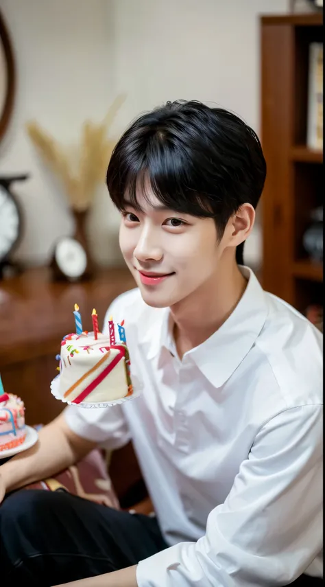 a young man, wearing a white shirts, sit down, korean young man, realistic, ultra detail, look like a korean idol, kim doyoung, mark lee, black hair, perfect face, sharp nose, bring a birthday cake, is having a birthday, in the living room, medium shot pic...