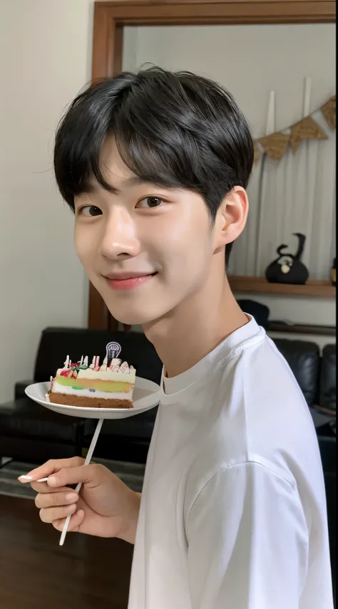 a young man, wearing a white shirts, sit down, korean young man, realistic, ultra detail, look like a korean idol, kim doyoung, mark lee, black hair, perfect face, sharp nose, bring a birthday cake, is having a birthday, in the living room, medium shot pic...