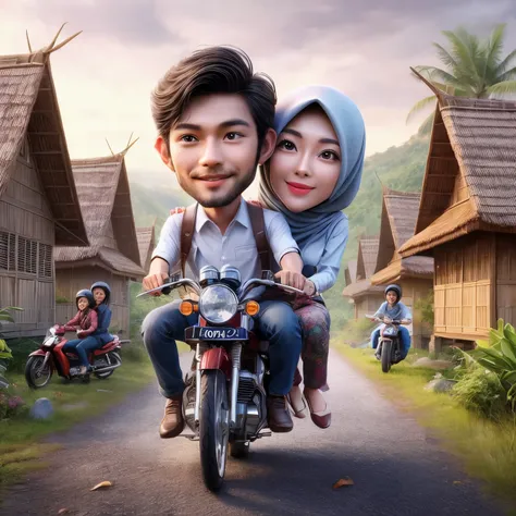 cartoon couple riding a motorcycle on a road with a village in the background