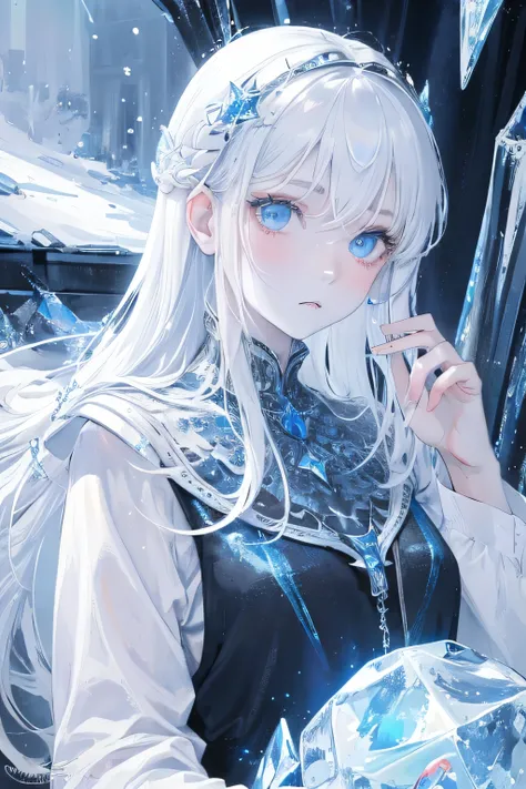 masterpiece, very detailed, Super detailed, cold, alone, (1 girl), (white skin), ice blue eyes, frosty white hair, Cool characters, flat face, young woman, Lady Character, Moderately , arrogant, With confidence, cold face, goddess, cool kuudere girl, Cryst...