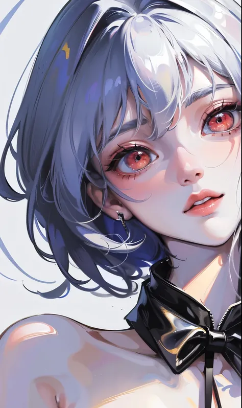 ((masterpiece, Best quality, a high resolution, extreme quality, One, Very detailed wallpapers, (18 year old girl: 1.4), rei ayanami, Red eyes, Detailed eyes, Beautiful eyes, Eye reflex, shyness, Big nose, pomade, {close-up portrait}, pale skin, very wet a...