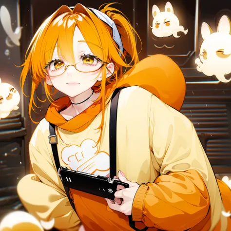 к HD，4K，Expressive face，Anime style，front side，White background， Cute bunny girl,chibi, with short light orange hair, with yellow eyes,, in round glasses, in short beige shorts, wearing a white t shirt, with a beige raincoat, cute muzzle