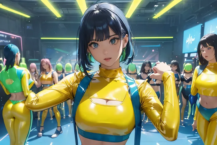 (frombelow:1.4)、(five girls:1.4),(First 2 people、Back 3 people）(( 1 women light blue Tight crop top light blue latex suit), ( 1 women neon yellow Tight crop top neon yellow latex suit), ( 1 women neon green Tight crop top neon green latex suit), ( 1 women ...