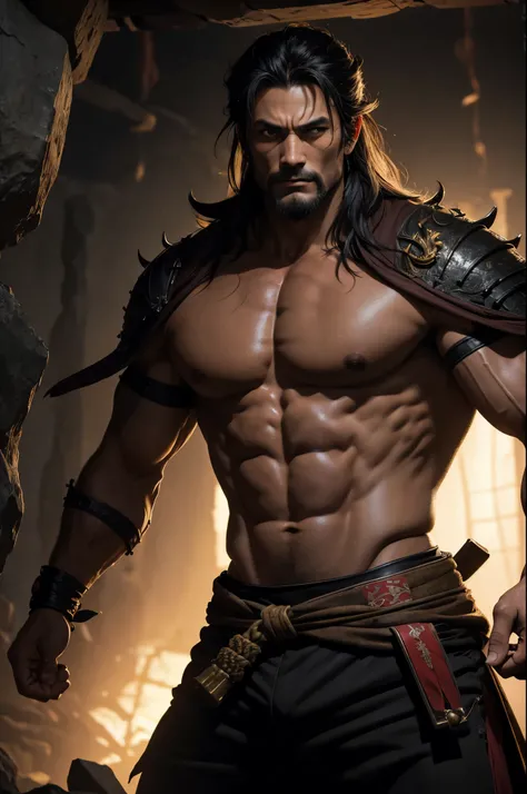 8K,(40 year old makai samurai)、four-horned demon god,solo、macho body covered with muscles,Fearless Men,Horribly ripped abs,brown and black light armor,Light brown and black equipment,black hair,brown and black combat pants,Devil makeup,magnificent artwork、...