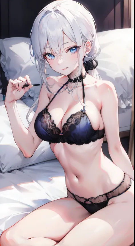 "4k, deep dark ruin without light, theres a elegant mature woman, White Hair, long hair ponytail, blue eyes, medium breast , lingerie,bedroom, she have seductive smile."