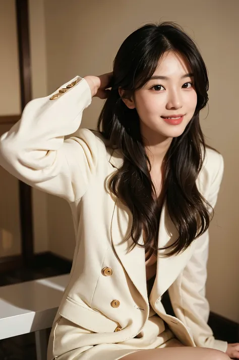 (best quality:1.4), (ultra high definition:1.2), (lifelike:1.4), (8k, original photo:1.2),(Portrait shoot:1.3), Don&#39;t pump, 1 girl, alone, long hair, looking at the audience, Smile, black hair, brown eyes, white suit,