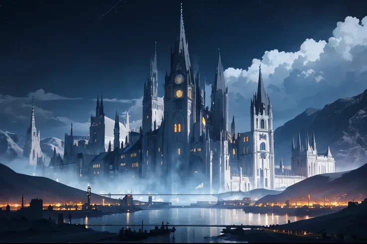 (Black and white marble gothic style building),masterpiece, concept art, panoramic,Close-up of the vista,高山上的超大City,Western fantasy style,Normandy Civilization Style,(The combination of magic and technology,Black and white marble style building), fantasy t...