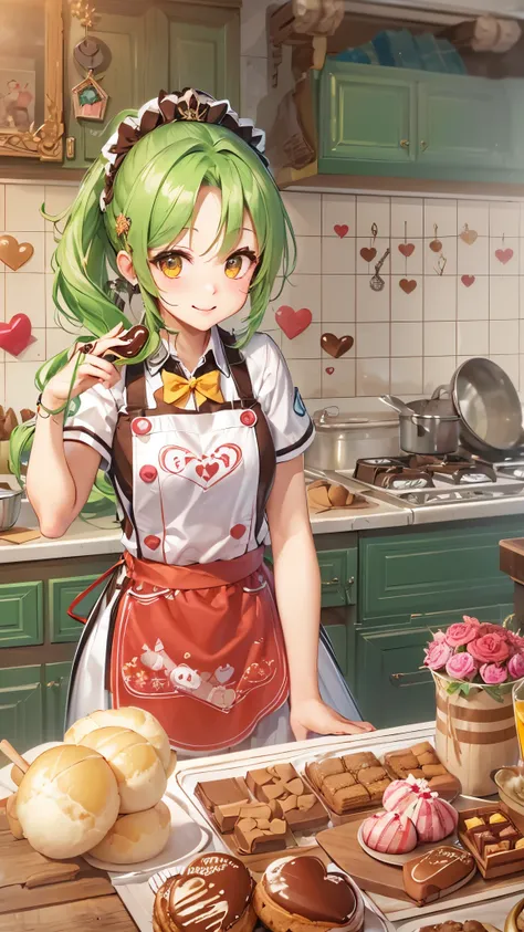 ((how to make valentines chocolate)) in the kitchen, (one ponytail green hair long hair (cute ax warrior girl) cute yellow eyes) 14 yo surprised:1.4 smile, in a cute apron, (masterpiece:1.2, best quality, 8k, beautiful detailed grow).