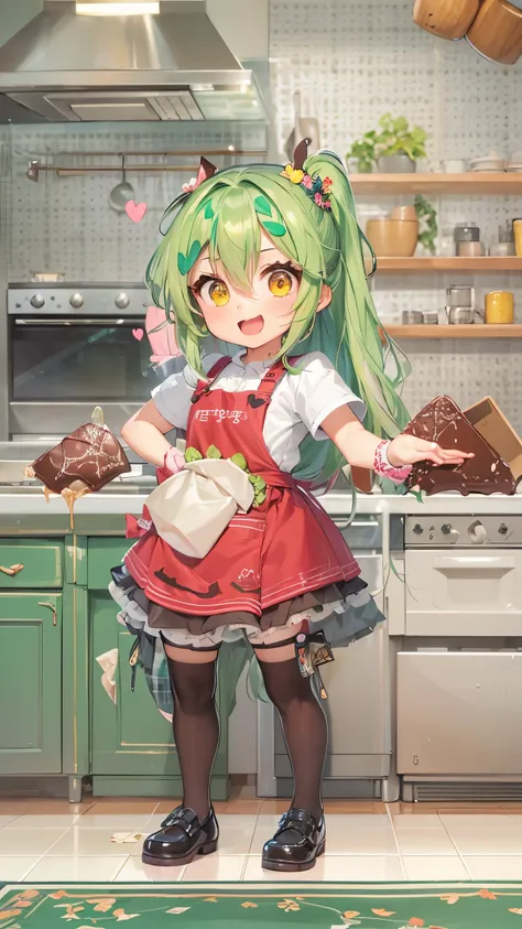 ((how to make valentines chocolate)) in the kitchen, (one ponytail green hair long hair (cute ax warrior girl) cute yellow eyes) 14 yo surprised:1.4 smile, in a cute apron, (masterpiece:1.2, best quality, 8k, beautiful detailed grow).