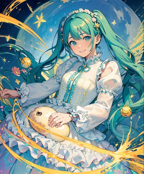 (masterpiece、highest quality、highest quality、official art、beautiful beautiful:1.2)、(1 girl:1.3)Hatsune Miku、beautiful breasts、twin tails、adorable smile、very detailed、(fractal art:1.1)、(colorfulな:1.1), sparkling eyes, golden ratio face, liquid from another ...