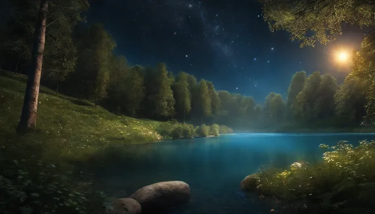 Night Forest of Shining Starry Stars、Comfortable pastures where you can rest for a while and replenish positive energy, Next to the river flowing in the sparkling crystal clear water.