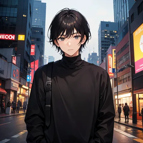 man, young man, man black hair, black eyes, plain black sweater, photo shoot, portrait, on a skyscraper at night, nighttime atmosphere, wind, very detailed 