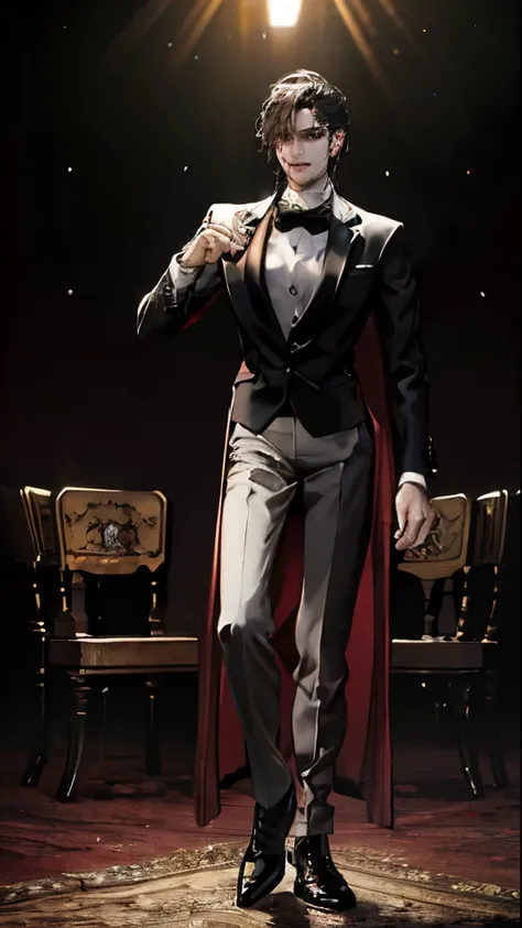 ((highest quality)), ((masterpiece)), (very detailed:1.3), handsome man wearing a tuxedo, cheerful smile, whole body, leather shoes, throb, concert, Spotlight