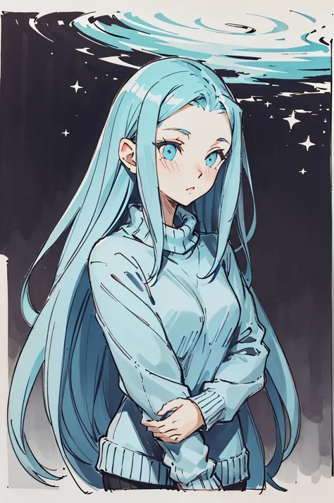 Cute blue long straight hair deep blue eyes round face girl wearing cyan sweater looking down