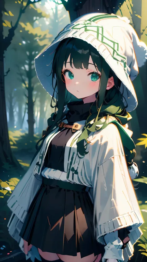 one girl、２０talent、beige hair、french braid、(white knit hat)、((Dark green poncho:1.2))、(((black knee socks:1.2)))、background is blurry、blurred background、dark forest、deep-forest、walk、highest quality、ultra high resolution、Super detailed、８ｋ、