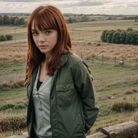 Girl face (bangs, straight, red hair), plaid jacket outfit. Background board of fence, with green field of rural area on the horizon. Cinematic, 4k, photorealistic, realism, details sharpness, photo