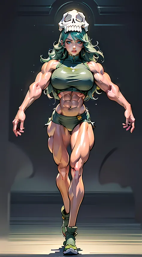 ((Masterpiece)), ((Best Quality)), ((Solo)), ((alone)), ((1girl)), odelschwanck, green hair,(skull),torn clothes, (underskirt), (puffy lips:1.4), (((accurate anatomy))), (((Huge breasts))), ((long legs)), ((wide hips)), ((((Muscular Legs)))), (((Massive Fe...