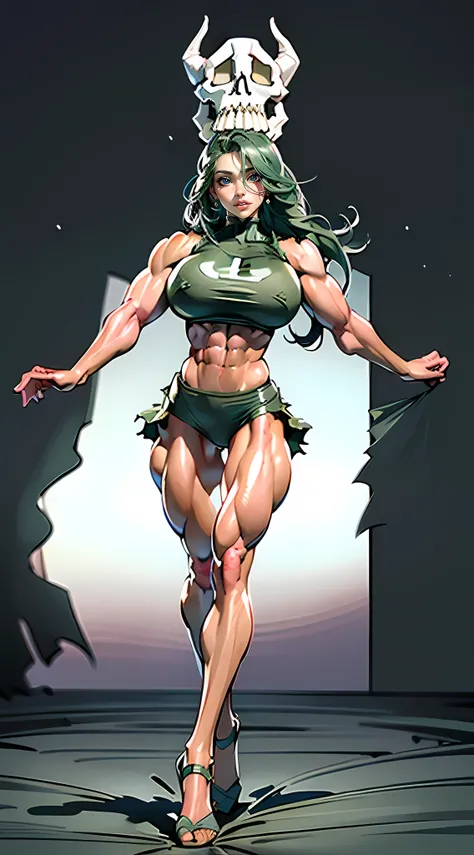 ((Masterpiece)), ((Best Quality)), ((Solo)), ((alone)), ((1girl)), odelschwanck, green hair,(skull),torn clothes, (underskirt), (puffy lips:1.4), (((accurate anatomy))), (((Huge breasts))), ((long legs)), ((wide hips)), ((((Muscular Legs)))), (((Massive Fe...