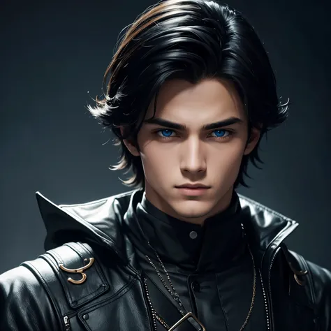 Teen handsome boy with a Mysterious aura, malicious blue eyes and black hair with black and sexy cloths