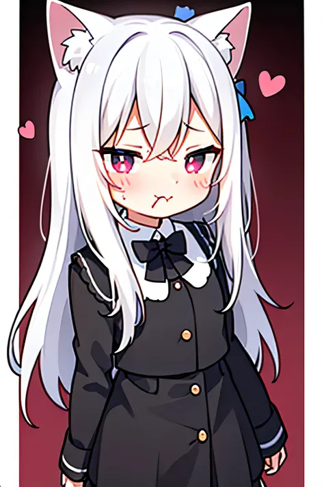 My hair is streaky., white hair, Hair Bow, cat ears, frowning, heart shaped student, with frame, UHD, Masterpiece, correct, sex