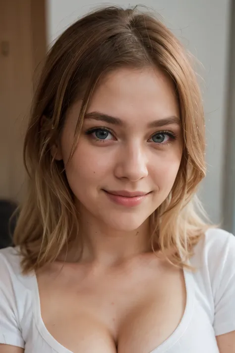 photorealistic, blonde hair, blue eyes, long eyelashes, light smile, blush, shy look, sexy, cleavage, firm , white t-shirt, small nose, blush, shy smile, , drop shadow, 8k, super detail, best quality