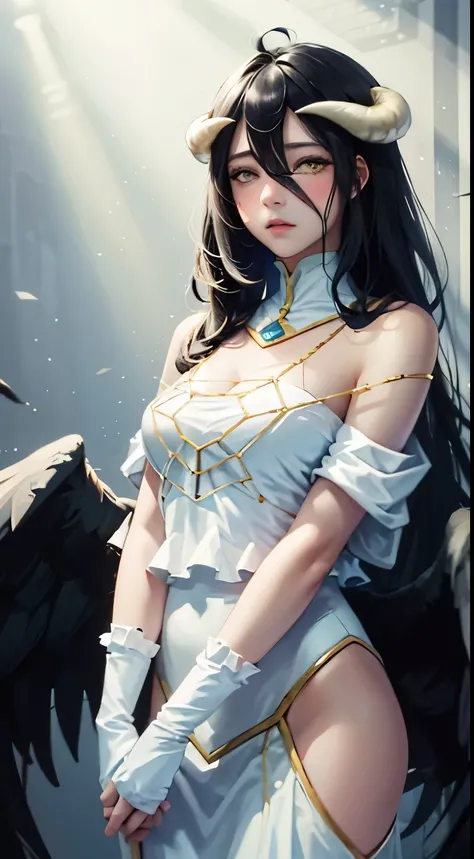 Masterpiece, Best quality, Ultra-detailed, illustration, epic lighting, Cinematic composition, isometry,(hexagons:1.2), 1girll, Horns, Solo, Yellow eyes, Black hair, Long hair, (Low wing:1.2), Large cleavage, Bare shoulders, hair between eye, Medium breast...