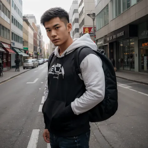 Handsome and muscular chinese boy wearing a black under armour hoodie and backpack