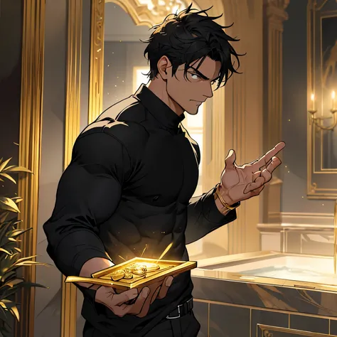 A man in a black shirt, his expression unreadable, stood with a firm stance, gazing intently forward. In one hand, he clutched several glittering gold bars, their weight obvious as his muscles tensed. With the other hand, he gestured invitingly, beckoning ...