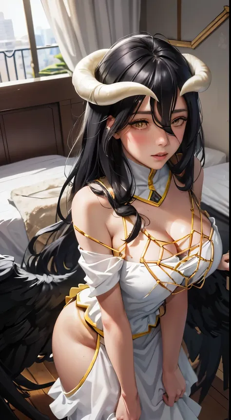 Masterpiece, Best quality, Ultra-detailed, illustration, epic lighting, Cinematic composition, isometry,(hexagons:1.2), 1girll, Horns, Solo, Yellow eyes, Black hair, Long hair, (Low wing:1.2), Large cleavage, Bare shoulders, hair between eye, Medium breast...