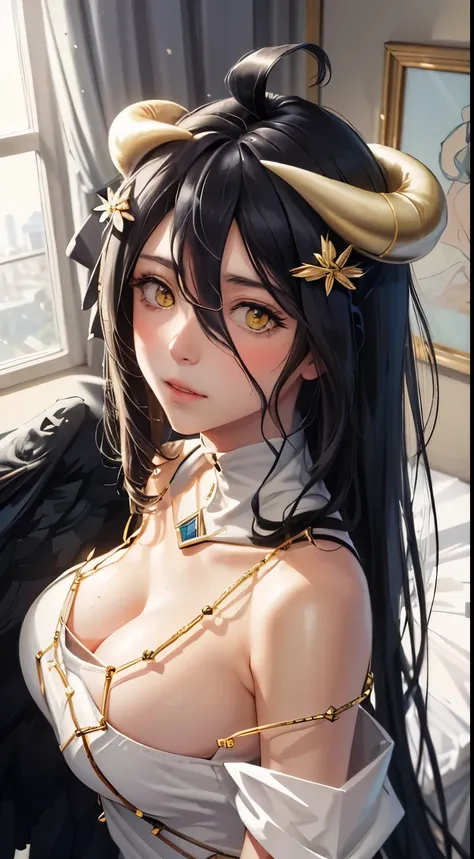 Masterpiece, Best quality, Ultra-detailed, illustration, epic lighting, Cinematic composition, isometry,(hexagons:1.2), 1girll, Horns, Solo, Yellow eyes, Black hair, Long hair, (Low wing:1.2), Large cleavage, Bare shoulders, hair between eye, Medium breast...