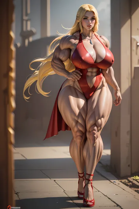 ((Masterpiece)), ((Best Quality)), ((Solo)), ((alone)), ((1girl)), Girl,long hair,yellow hair,smile,red lips,slanted eyes,pointy eyebrows,wearing earrings,wearing a necklace, (((accurate anatomy))), (((Huge breasts))), ((long legs)), ((wide hips)), ((((Mus...