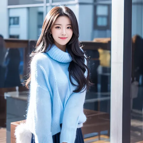 Beautiful woman with long straight black hair, wearing a white shirt and a fluffy blue sweater, wearing a long black skirt, wearing high hills