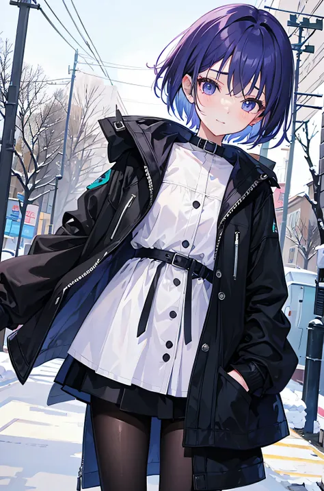 a 16 year old girl，Blue purple medium short hair，Have dull hair，good facial features，blush，Lovely，close eyes，listless，Smile，snow，Wearing a black cotton-padded jacket，black skirt，Hand pockets，exhale，Under a tree on the street，noon sun，blow dry