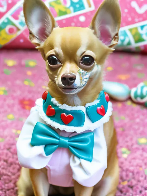 happy fawn chihuahua, wearing a princess collar, sitting, smile, Big eyes, house background, pixer style, ....3D, comics, detailed face, Asymmetrical 16K