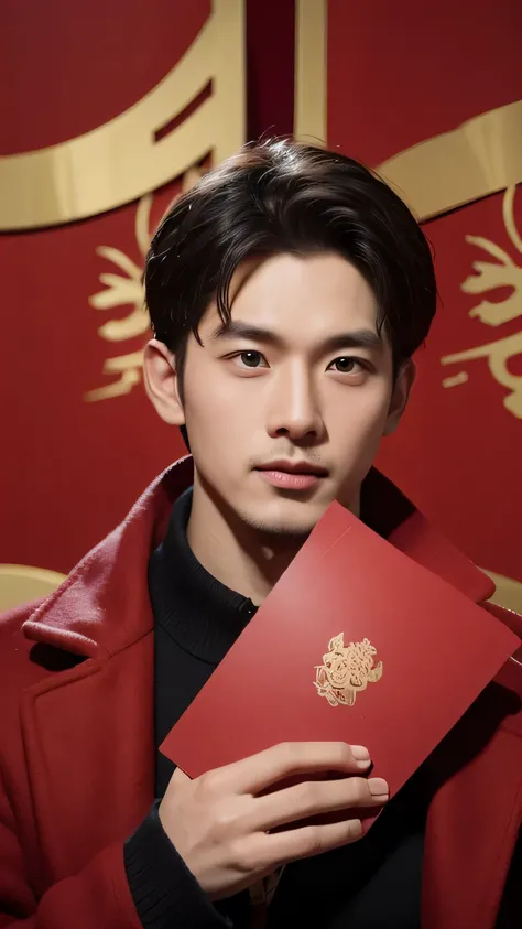 Handsome guy holding Chinese New Year red envelope