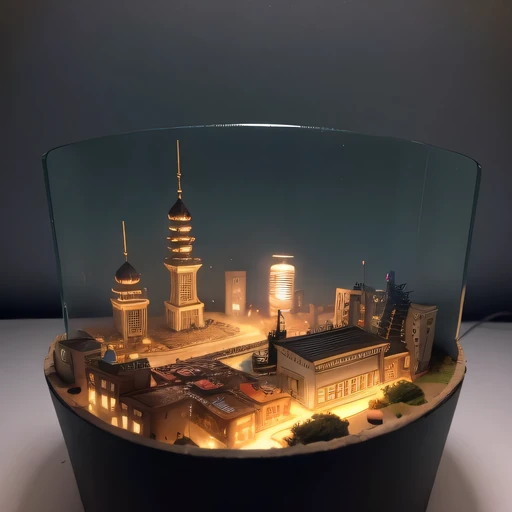 small realistic model, (bifurcation, original photo, best quality, masterpiece:1.4),SteampunkCyberpunk6920 City,(Cyberpunk light:1.3), Mards,horizon (related to land),(in a small nature box:1.3),Isometric, small nature, landscape on foundation,landscape,