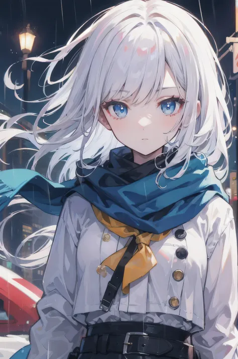 ((best quality)), ((masterpiece)), (detailed), perfect face,  1 girl, white hair, blue eyes, Blue scarf, rain, night city