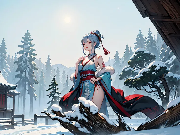 (8k, best quality, best quality, official art, Stunning beauty and aesthetics, a very detailed, The best masterpiece in history that transcends the limits, Stunning and beautiful lights:1.2)Snowing day，hanfu，Wear fur，bare shoulders，Squint your eyes with de...