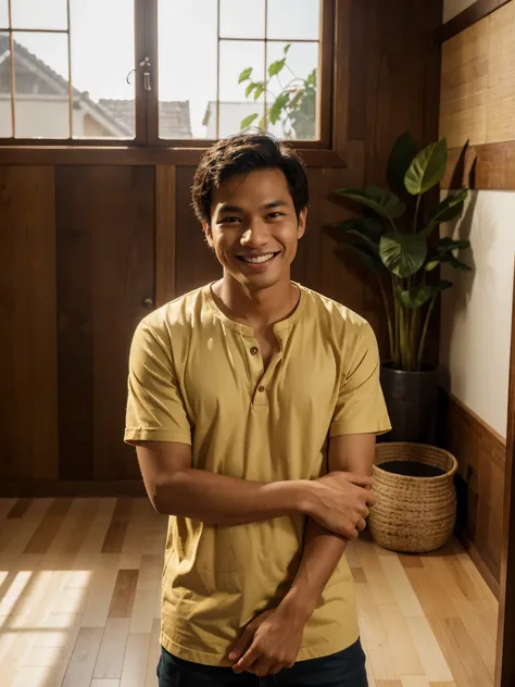 (best quality,highres,masterpiece:1.2),a happy young Indonesian man smiling in his room,natural lighting,warm colors,traditional wooden furniture,Indonesian batik clothing,green plants in the background,relaxed atmosphere,peaceful and serene ambiance,authe...