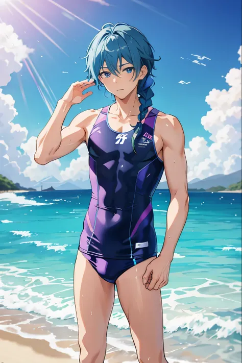 anime boy in a lightblue and purple swimsuit on the beach waving、Boy with long green hair、Blue-eyed boy、Braid、is wearing a swimsuit、ワンピースswimsuit、swimsuit、A boy wearing a light blue and purple tank suit、ワンピースswimsuit着用、wet swimsuit、Light blue and purple hi...